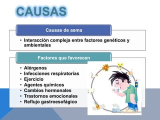 CAUSAS
             Causas de asma

• Interacción compleja entre factores genéticos y
  ambientales

          Factores que favorecen

•   Alérgenos
•   Infecciones respiratorias
•   Ejercicio
•   Agentes químicos
•   Cambios hormonales
•   Trastornos emocionales
•   Reflujo gastroesofágico
 