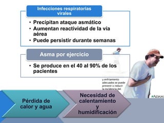 Infecciones respiratorias
               virales

   • Precipitan ataque asmático
   • Aumentan reactividad de la vía
     aérea
   • Puede persistir durante semanas

       Asma por ejercicio

   • Se produce en el 40 al 90% de los
     pacientes



                         Necesidad de
 Pérdida de             calentamiento
calor y agua                  y
                        humidificación
 
