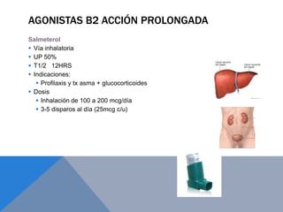 AGONISTAS B2 ACCIÓN PROLONGADA
Salmeterol
 Vía inhalatoria
 UP 50%
 T1/2 12HRS
 Indicaciones:
    Profilaxis y tx asma + glucocorticoides
 Dosis
    Inhalación de 100 a 200 mcg/día
    3-5 disparos al día (25mcg c/u)
 