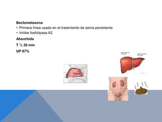 Beclometasona
 Primera línea usado en el tratamiento de asma persistente
 Inhibe fosfolipasa A2
Absorbida
T ½ 30 min
UP 87%
 