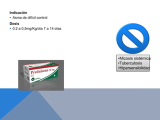 Indicación
 Asma de difícil control
Dosis
 0.2 a 0.5mg/Kg/día 7 a 14 días




                                   •Micosis sistémica
                                   •Tuberculosis
                                   •Hipersensibilidad
 