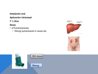 Inhalación oral
Aplicación intranasal
T ½ 2hrs
Dosis
 2 Pulverizaciones
    18mcg/ pulverización 4 veces día




                        300 dosis


                        18mcg
 