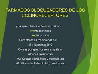 FÁRMACOS BLOQUEADORES DE LOS
COLINORECEPTORES
Igual que colinoreceptores se dividen
AntiMusacrínicos
AntiNicotínicos
Receptores en membranas de:
M1: Neuronas SNC
Células postganglionares simpáticas
Algunas presinapsis
M3: Células glandulares y músculo liso
M2: Miocardio, Músculo liso, presinapsis.
 