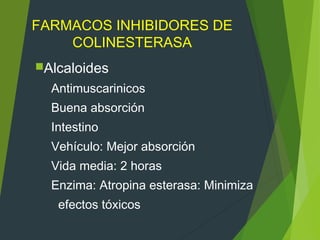 FARMACOS INHIBIDORES DE
COLINESTERASA
Alcaloides
Antimuscarinicos
Buena absorción
Intestino
Vehículo: Mejor absorción
Vida media: 2 horas
Enzima: Atropina esterasa: Minimiza
efectos tóxicos
 