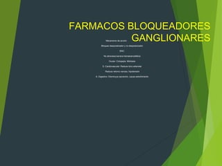 FARMACOS BLOQUEADORES
GANGLIONARESMecanismo de acción:
Bloqueo desporalizador y no despolarizador
SNC:
No atraviesa barrera hematoencefálica
Ocular: Ciclopejía. Midriasis
S. Cardiovascular: Reduce tono arteriolar
Reduce retorno venoso, hipotensión
A. Digestivo: Disminuye secreción, causa estreñimiento
 