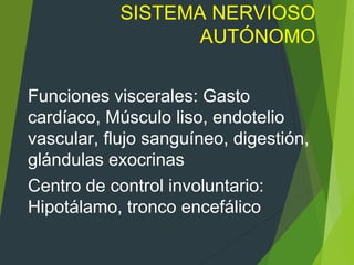 SISTEMA NERVIOSO
AUTÓNOMO
Funciones viscerales: Gasto
cardíaco, Músculo liso, endotelio
vascular, flujo sanguíneo, digestión,
glándulas exocrinas
Centro de control involuntario:
Hipotálamo, tronco encefálico
 