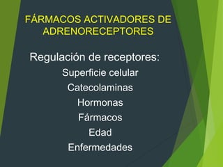 FÁRMACOS ACTIVADORES DE
ADRENORECEPTORES
Regulación de receptores:
Superficie celular
Catecolaminas
Hormonas
Fármacos
Edad
Enfermedades
 