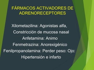 FÁRMACOS ACTIVADORES DE
ADRENORECEPTORES
Xilometazilina: Agonistas alfa,
Constricción de mucosa nasal
Anfetamina: Animo
Fenmetrazina: Anorexigénico
Fenilpropanolamina: Perder peso: Ojo:
Hipertensión e infarto
 