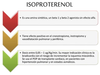 ISOPROTERENOL
• Es una amina sintética, un beta 1 y beta 2 agonista sin efecto alfa.
• Tiene efecto positivo en el cronotropismo, inotropismo y
vasodilatación pulmonar y periférica.
• Dosis entre 0,05 – 1 ug/Kg/min. Su mayor indicación clínica es la
bradicardia con el riesgo de incrementar la isquemia miocárdica.
Se usa el POP de transplante cardiaco, en pacientes con
hipertensión pulmonar y en estados asmáticos.
 