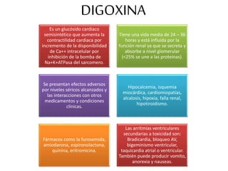 DIGOXINA
Es un glucósido cardiaco
semisintético que aumenta la
contractilidad cardiaca por
incremento de la disponibilidad
de Ca++ intracelular por
inhibición de la bomba de
Na+K+ATPasa del sarcomero.
Tiene una vida media de 24 – 36
horas y está influida por la
función renal ya que se secreta y
absorbe a nivel glomerular
(<25% se une a las proteínas).
Se presentan efectos adversos
por niveles séricos alcanzados y
las interacciones con otros
medicamentos y condiciones
clínicas.
Hipocalcemia, isquemia
miocárdica, cardiomiopatías,
alcalosis, hipoxia, falla renal,
hipotiroidismo.
Fármacos como la furosemida,
amiodarona, espironolactona,
quinina, eritromicina.
Las arritmias ventriculares
secundarias a toxicidad son:
Bradicardia, bloqueo AV,
bigeminismo ventricular,
taquicardia atrial o ventricular.
También puede producir vomito,
anorexia y nauseas.
 