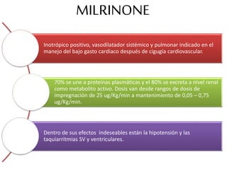 MILRINONE
Inotrópico positivo, vasodilatador sistémico y pulmonar indicado en el
manejo del bajo gasto cardiaco después de cigugía cardiovascular.
70% se une a proteínas plasmáticas y el 80% se excreta a nivel renal
como metabolito activo. Dosis van desde rangos de dosis de
impregnación de 25 ug/Kg/min a mantenimiento de 0,05 – 0,75
ug/Kg/min.
Dentro de sus efectos indeseables están la hipotensión y las
taquiarritmias SV y ventriculares.
 