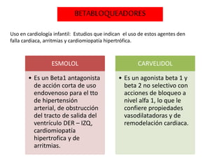 BETABLOQUEADORES
Uso en cardiología infantil: Estudios que indican el uso de estos agentes den
falla cardiaca, arritmias y cardiomiopatía hipertrófica.
ESMOLOL
• Es un Beta1 antagonista
de acción corta de uso
endovenoso para el tto
de hipertensión
arterial, de obstrucción
del tracto de salida del
ventrículo DER – IZQ,
cardiomiopatía
hipertrofica y de
arritmias.
CARVELIDOL
• Es un agonista beta 1 y
beta 2 no selectivo con
acciones de bloqueo a
nivel alfa 1, lo que le
confiere propiedades
vasodilatadoras y de
remodelación cardiaca.
 