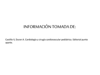 INFORMACIÓNTOMADA DE:
Castillo V, Duran A. Cardiología y cirugía cardiovascular pediátrica. Editorial punto
aparte.
 