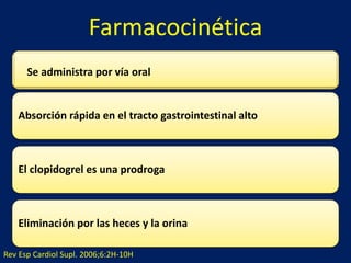 Farmacocinética 
Se administra por vía oral 
Absorción rápida en el tracto gastrointestinal alto 
El clopidogrel es una prodroga 
Eliminación por las heces y la orina 
Rev Esp Cardiol Supl. 2006;6:2H-10H 
 