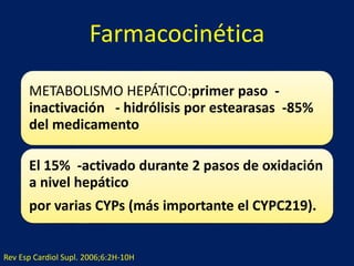 Farmacocinética 
METABOLISMO HEPÁTICO:primer paso - 
inactivación - hidrólisis por estearasas -85% 
del medicamento 
El 15% -activado durante 2 pasos de oxidación 
a nivel hepático 
por varias CYPs (más importante el CYPC219). 
Rev Esp Cardiol Supl. 2006;6:2H-10H 
 
