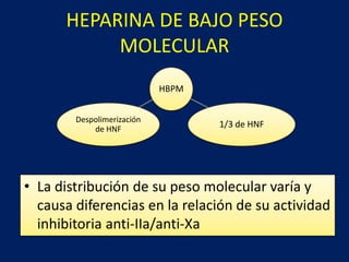 HEPARINA DE BAJO PESO 
MOLECULAR 
HBPM 
Despolimerización 
de HNF 1/3 de HNF 
• La distribución de su peso molecular varía y 
causa diferencias en la relación de su actividad 
inhibitoria anti-IIa/anti-Xa 
 