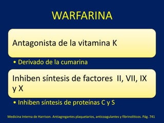 WARFARINA 
Antagonista de la vitamina K 
• Derivado de la cumarina 
Inhiben síntesis de factores II, VII, IX 
y X 
• Inhiben síntesis de proteínas C y S 
Medicina Interna de Harrison. Antiagregantes plaquetarios, anticoagulantes y fibrinolíticos. Pág. 741 
 