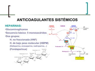 ANTICOAGULANTES SISTÉMICOS
HEPARINAS:
•Glucaminoglicanos
•Secuencia básica: 5 monosacáridos
•Dos grupos:
H. no fraccionada...