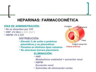 HEPARINAS: FARMACOCINÉTICA
VÍAS DE ADMINISTRACIÓN:




No se absorben por V/O
HNF: I/V (Na+) ó S/C (Ca2+)
HBPM: I/V ó S...