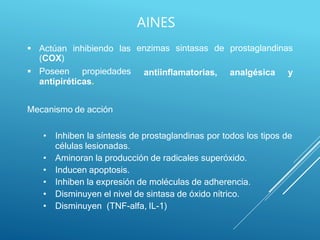 AINES
 Actúan inhibiendo las
(COX)
enzimas sintasas de
antiinflamatorias,
prostaglandinas
analgésica y
 Poseen propiedades
antipiréticas.
Mecanismo de acción
• Inhiben la síntesis de prostaglandinas por todos los tipos de
células lesionadas.
• Aminoran la producción de radicales superóxido.
• Inducen apoptosis.
• Inhiben la expresión de moléculas de adherencia.
• Disminuyen el nivel de sintasa de óxido nítrico.
• Disminuyen (TNF-alfa, IL-1)
 