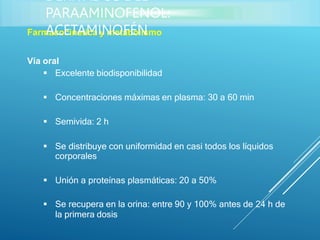 Farmacocinética y metabolismo
Vía oral
 Excelente biodisponibilidad
 Concentraciones máximas en plasma: 30 a 60 min
 Semivida: 2 h
 Se distribuye con uniformidad en casi todos los líquidos
corporales
 Unión a proteínas plasmáticas: 20 a 50%
 Se recupera en la orina: entre 90 y 100% antes de 24 h de
la primera dosis
DERIVADOS DEL
PARAAMINOFENOL:
ACETAMINOFÉN
 