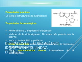 Propiedades químicas
La fórmula estructural de la indometacina
Propiedades farmacológicas
 Antiinflamatorio y antipiréticas-analgésicas
 Inhibidor de la ciclooxigenasa, 20 veces más potente que la
aspirina.
 Actúa a nivel del SNC y periférico.
 Inhibe la movilidad de los polimorfonucleares y ↓ la biosíntesis
de mucopolisacáridos.
 Efecto vasoconstrictor directo, independiente de la
ciclooxigenasa
DERIVADOS DEL ÁCIDO ACÉTICO:
IDOMETACINA, SULINDAC,
ETODOLAC
 