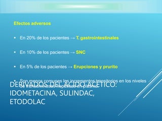 Efectos adversos
 En 20% de los pacientes → T. gastrointestinales
 En 10% de los pacientes → SNC
 En 5% de los pacientes → Erupciones y prurito
 Son menos comunes los incrementos transitorios en los niveles
de transaminasas hepáticas en plasma.
DERIVADOS DEL ÁCIDO ACÉTICO:
IDOMETACINA, SULINDAC,
ETODOLAC
 