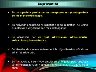  Es un agonista parcial de los receptores mu y antagonista
de los receptores kappa.
 Su actividad analgésica es superior a la de la morfina, así como
sus efectos analgésicos son más prolongados.
 Se administra por vía oral, intravenosa, intramuscular,
subcutánea y transdérmica.
 Se absorbe de manera lenta en el tubo digestivo después de su
administración oral.
 Es metabolizada de modo parcial en el hígado, para después
ser eliminada 80% por vía fecal y el restante 20% a través de la
orina.
Buprenorfina
 
