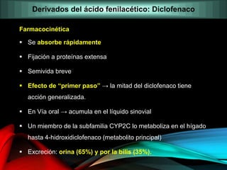 Farmacocinética
 Se absorbe rápidamente
 Fijación a proteínas extensa
 Semivida breve
 Efecto de “primer paso” → la mitad del diclofenaco tiene
acción generalizada.
 En Vía oral → acumula en el líquido sinovial
 Un miembro de la subfamilia CYP2C lo metaboliza en el hígado
hasta 4-hidroxidiclofenaco (metabolito principal)
 Excreción: orina (65%) y por la bilis (35%).
Derivados del ácido fenilacético: Diclofenaco
 