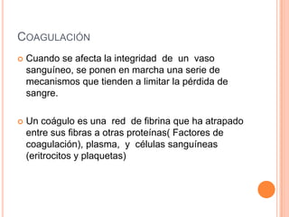 COAGULACIÓN
 Cuando se afecta la integridad de un vaso
sanguíneo, se ponen en marcha una serie de
mecanismos que tienden a limitar la pérdida de
sangre.
 Un coágulo es una red de fibrina que ha atrapado
entre sus fibras a otras proteínas( Factores de
coagulación), plasma, y células sanguíneas
(eritrocitos y plaquetas)
 