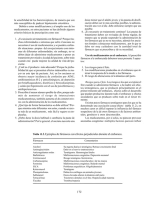 172
la sensibilidad de los barorreceptores, de manera que son
más susceptibles de padecer hipotensión ortostática.
Debido a estas modificaciones y al amplio uso de los
medicamentos, en estos pacientes se han definido algunos
criterios básicos de prescripción como son:
1. ¿Es necesario un tratamiento con fármacos? Porque mu-
chas enfermedades o síntomas que sufre el anciano no
necesitan el uso de medicamentos y se pueden confun-
dir situaciones propias del envejecimiento con sínto-
mas de diferentes enfermedades; sin embargo, no se
deben dejar de administrar medicamentos o poner un
tratamiento por miedo a la edad del paciente, sobre todo
cuando este puede mejorar la calidad de vida del pa-
ciente.
2. ¿Cuál es el producto más adecuado? Porque la proba-
bilidad de que se presenten efectos indeseables es ma-
yor en este tipo de paciente. Así, en los ancianos se
observa mayor incidencia de confusión por AINE,
antihistamínicos H-2 y anticolinérgicos, de depresión
por betabloqueadores, diuréticos y benzodiazepinas,
y caídas por hipotensión con el uso de psicofármacos y
antihipertensivos.
3. Prescribir el menor número posible de ellos, porque ade-
más de aumentar el riesgo de interacciones
medicamentosas, también aumenta el de cometer erro-
res con la administración de los medicamentos.
4. ¿Qué tipo de forma farmacéutica se debe utilizar? Por-
que mientras más diferentes son estas, cuando se rece-
ta más de un medicamento, más fácil y seguro es em-
plearlas.
5. ¿Debe darse la dosis habitual o cambiarse la pauta de
administración? Por lo general, el anciano necesita una
dosis menor que el adulto joven, y las pautas de dosifi-
cación deben ser lo más sencillas posibles, la adminis-
tración una vez al día debe utilizarse siempre que sea
posible.
6. ¿Es necesario un tratamiento continuo? Las pautas de
tratamiento deben ser revisadas de forma regular, de
manera que se pueda suspender la administración de
los fármacos que ya no se necesitan, además los ancia-
nos tienden a almacenar medicamentos, por lo que se
debe ser muy cuidadoso con la cantidad total de
fármacos que se prescriben y de su necesidad.
Uso de medicamentos en el embarazo. Al prescribir
fármacos a la embarazada debemos tener presente 3 aspec-
tos:
1. Los riesgos para el feto.
2. Las modificaciones producidas en el embarazo que al-
teran la respuesta de la madre a los fármacos.
3. El riesgo de alteraciones en la dinámica del parto.
Riesgos para el feto.Los riesgos a los que se expone el
feto cuando se administran fármacos a la madre son efec-
tos teratogénicos, que se producen principalmente en el
primer trimestre del embarazo, efectos sobre el desarrollo
que pueden producirse durante todo el embarazo y efectos
secundarios que se producen sobre todo en el tercer tri-
mestre.
Existen pocos fármacos teratógenos para los que se ha
demostrado una asociación causa-efecto (tabla 11.2), en
muchos casos es difícil separar la influencia del fármaco
sospechoso de la de otros fármacos o de factores ambien-
tales, genéticos u otros desconocidos.
Los medicamentos, por sí solos, no parecen provocar
anomalías congénitas: múltiples factores parecen influir
Tabla 11.2.Ejemplos de fármacos con efectos perjudiciales durante el embarazo.
Fármacos Comentarios
Alcohol Su ingesta diaria es teratógena. Retraso crecimiento fetal
Aminoglucósidos Daño en el nervio estatoacústico
Anticoagulantes orales Teratógenos. Hemorragias fetales
Barbitúricos Malformaciones congénitas. Depresión neonatal
Cotrimoxazol Riesgo teratógeno. Kernícterus
Carbamazepina Malformaciones craneofaciales y de las manos
Fenitoína Malformaciones congénitas. Retardo mental
IECA Problemas esqueléticos. Oligohidramnios
Ketoconazol Teratógeno
Fluorquinolonas Dañan los cartílagos en animales jóvenes
Salbutamol Dosis elevadas alteran la dinámica del parto
Tetraciclinas Trastornos dentales en el feto. Hepatoxicidad materna
Tiacidas Trombocitopenia
 