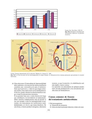 191
d) Otras afecciones. El antecedente de hipersensibilidad
debe explorarse, si la reacción fue intensa (anafilaxia)
constituye una contraindicación para el antimicro-
biano que la provocó y todos los que tengan estruc-
tura similar, como suele ocurrir con los betalactámicos.
Si fue leve, puede valorarse la relación beneficio-ries-
go y tomar las precauciones necesarias.
Si un paciente tiene uno o varios factores de riesgo
que contribuyen a la toxicidad de un medicamento,
deben valorarse cuidadosamente antes de decidir su
uso, por ejemplo, evitar los aminoglucósidos en pa-
cientes con antecedentes de insuficiencia renal,
deshidratados, en shock o que toman diuréticos. De
esta forma, evitamos producir iatrogenia y ahorramos
Fuente: Rev Pan Infect 1999:3S1.
Fig. 12.8. Resistencia microbiana por
Haemophilus influenzae en procesos
invasivos.
Fuente: Factores determinantes de la infección. Meakins JL, Puyana JC, 1989.
Fig. 12.9. a) Vías de acceso de los microorganismos al cuerpo humano. b) Alteración de los sistemas protectores que permiten la invasión
bacteriana.
recursos, ya que la atención y la rehabilitación será
más rápida y menos costosa.
Los pacientes con antecedentes de epilepsia pueden
tener elevada predisposición a las convulsiones por
altas dosis de betalactámicos.
Causas comunes de fracaso
del tratamiento antimicrobiano
1. Del microorganismo:
a) Desarrollo de resistencia.
b) Infección dual al principio (detectar y tratar solo una).
80
70
60
50
40
30
20
10
1992 1995 1998
A m pic ilina C lora nfenico l C otrim axo zo l Tetra ciclina C eftria xon a
0
a) b)B oca
C onjuntiva
A parato
urogen ital
A parato
respira torio
A parato
dig estivo Pie l
A no
Vagina
Sistem as protectore s
Sonda nasog Æstrica
Tubo endotraquea l
H ueso
fracturado
D renaje
C atØter
Sonda
lcera
B ala
A ntibi tico
B istur
Q uem adura
 