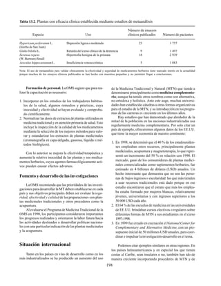 198
Tabla 13.2. Plantas con eficacia clínica establecida mediante estudios de metaanálisis
Número de ensayos
Especie Uso clínicos publicados Número de pacientes
Hypericum perforatum L. Depresión ligera o moderada 23 1 757
(hierba de San Juan)
Ginko biloba L. Retardo del curso clínico de la demencia 9 1 497
Serenoa repens Hipertrofia benigna de la próstata 18 2 939
(W. Bartram) Small
Aesculus hippocastanumL. Insuficiencia venosa crónica 5 1 083
Nota: El uso de metaanálisis para validar clínicamente la efectividad y seguridad de medicamentos herbarios tiene marcado interés en la actualidad
porque muchos de los ensayos clínicos publicados se han hecho con muestras pequeñas y no permiten llegar a conclusiones.
Formación de personal. La OMS sugiere que para rea-
lizar la capacitación es necesario:
1. Incorporar en los estudios de los trabajadores habitua-
les de la salud, algunos remedios y prácticas, cuya
inocuidad y efectividad se hayan evaluado y comproba-
do científicamente.
2. Normalizar las dosis de extractos de plantas utilizadas en
medicina tradicional y en atención primaria de salud. Esto
incluye la inspección de la calidad de los medicamentos
mediante la selección de los mejores métodos para valo-
rar y estandarizar los extractos de plantas medicinales
(cromatografía en capa delgada, gaseosa, líquida o mé-
todos biológicos).
Con lo anterior se mejora la efectividad terapéutica y
aumenta la relativa inocuidad de las plantas y sus medica-
mentos herbarios, cuyos agentes farmacológicamente acti-
vos pueden causar efectos adversos.
Fomento y desarrollo de las investigaciones
La OMS recomienda que las prioridades de las investi-
gaciones para desarrollar la MT deben establecerse en cada
país y sus objetivos principales deben ser evaluar la segu-
ridad, efectividad y calidad de las preparaciones con plan-
tas medicinales tradicionales y otros procederes como la
acupuntura.
Al evaluarse el Programa de Medicina Tradicional de la
OMS en 1990, los participantes consideraron importantes
los progresos realizados y orientaron la labor futura hacia
las actividades destinadas a desarrollar políticas naciona-
les con una particular indicación de las plantas medicinales
y la acupuntura.
Situación internacional
Tanto en los países en vías de desarrollo como en los
más industrializados se ha producido un aumento del uso
de la Medicina Tradicional y Natural (MTN) que tiende a
denominarse principalmente comomedicina complementa-
ria; aunque ha tenido otros nombres como son alternativa,
no-ortodoxa y holística. Ante este auge, muchas universi-
dades han establecido cátedras u otras formas organizativas
para el estudio de la MTN, y su introducción en los progra-
mas de las carreras es creciente en los últimos años.
Hay estudios que han demostrado que alrededor de la
mitad de la población en las naciones industrializadas usa
regularmente medicina complementaria. Por solo citar un
país de ejemplo, ofreceremos algunos datos de los EE.UU.
que tiene la mayor economía de nuestro continente:
1. En 1998, se determinó que el 40 % de los estadouniden-
ses empleaban estos recursos, principalmente plantas
medicinales, acupuntura y magnetoterapia, lo que repre-
sentó un incremento del 50 % en relación con 1990. El
mercado, gasto de los consumidores de plantas medici-
nales comercializadas como suplementos herbarios, fue
estimado en 4 billones de dólares (USD) anuales. Un
hecho interesante que demuestra que no son las perso-
nas de bajos ingresos o escolaridad las que más tienden
a usar recursos tradicionales está dado porque en ese
estudio encontraron que el estrato que más los emplea-
ba estaba formado por mujeres blancas, relativamente
jóvenes, universitarias y con ingresos superiores a los
50 000 USD cada año.
2. El 64 % de las escuelas de medicina en las universidades
de EE.UU. brindaban cursos electivos o regulares sobre
diferentes formas de MTN a sus estudiantes en el curso
1997-1998.
3. En 1999 fue creado en esa nación elNational Center for
Complementary and Alternative Medicine, con un pre-
supuesto inicial de 50 millones USD anuales, para coor-
dinar e impulsar lainvestigación-desarrollo en el tema.
Podemos citar ejemplos similares en otras regiones. En
los países latinoamericanos y en especial los que tienen
costas al Caribe, sean insulares o no, también han ido de
manera creciente incorporando procederes de MTN y de
 