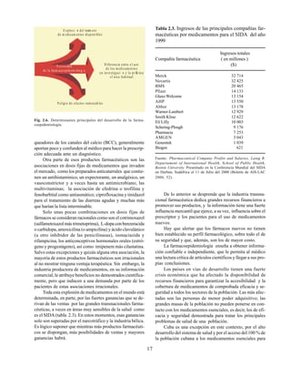 17
queadores de los canales del calcio (BCC), generalmente
aportan poco y confunden al médico para hacer la prescrip-
ción adecuada ante un diagnóstico.
Otra parte de esos productos farmacéuticos son las
asociaciones en dosis fijas de medicamentos que invaden
el mercado, como los preparados anticatarrales que contie-
nen un antihistamínico, un expectorante, un analgésico, un
vasoconstrictor y a veces hasta un antimicrobiano; las
multivitaminas; la asociación de efedrina o teofilina y
fenobarbital como antiasmático; ciprofloxacina y tinidazol
para el tratamiento de las diarreas agudas y muchas más
que harían la lista interminable.
Solo unas pocas combinaciones en dosis fijas de
fármacos se consideran racionales como son el cotrimoxazol
(sulfametoxazol más trimetoprima), L-dopa con benzeracida
o carbidopa, amoxicilina (o ampicilina) y ácido clavulánico
(u otro inhibidor de las penicilinasas), isonaciazida y
rifampicina, los anticonceptivos hormonales orales (estró-
geno y progestágeno), así como imipenem más cilastatina.
Salvo estas excepciones y quizás alguna otra asociación, la
mayoría de estos productos farmacéuticos son irracionales
al no mostrar ninguna ventaja terapéutica. Sin embargo, la
industria productora de medicamentos, en su información
comercial, le atribuye beneficios no demostrados científica-
mente, pero que inducen a una demanda por parte de los
pacientes de estas asociaciones irracionales.
Toda esta explosión de medicamentos en el mundo está
determinada, en parte, por las fuertes ganancias que se de-
rivan de las ventas por las grandes transnacionales farma-
céuticas, a veces en áreas muy sensibles de la salud como
es el SIDA (tabla 2.3). En estos momentos, esas ganancias
solo son superadas por el narcotráfico y la industria bélica.
Es lógico suponer que mientras más productos farmacéuti-
cos se dispongan, más posibilidades de ventas y mayores
ganancias habrá.
Tabla 2.3. Ingresos de las principales compañías far-
macéuticas por medicamentos para el SIDA del año
1999
Ingresos totales
Compañía farmacéutica ( en millones )
($)
Merck 32 714
Novartis 32 425
BMS 20 465
Pfizer 14 133
GlaxoWelcome 13 154
AHP 13 550
Abbot 13 178
Warner-Lambert 12 929
Smith Kline 12 622
Eli Lilly 10 003
Schering-Plough 9 176
Pharmacia 7 253
AMGEN 3 043
Genentek 1 039
Biogen 621
Fuente: Pharmaceutical Company Profits and Salaries, Laing R.
Departament of International Health, School of Public Health,
Boston University. Presentado en la Conferencia Mundial del SIDA
en Durban, Sudáfrica el 11 de Julio del 2000 (Boletín de AIS-LAC
2000, 52).
De lo anterior se desprende que la industria transna-
cional farmacéutica dedica grandes recursos financieros a
promover sus productos, y la información tiene una fuerte
influencia mercantil que ejerce, a su vez, influencia sobre el
prescriptor y los pacientes para el uso de medicamentos
nuevos.
Hay que alertar que los fármacos nuevos no tienen
bien establecido su perfil farmacológico, sobre todo el de
su seguridad y que, además, son los de mayor costo.
La farmacoepidemiología enseña a obtener informa-
ción confiable e independiente, que le permita al médico
una lectura crítica de artículos científicos y llegar a sus pro-
pias conclusiones.
Los países en vías de desarrollo tienen una fuerte
crisis económica que ha afectado la disponibilidad de
recursos financieros para garantizar la accesibilidad y la
cobertura de medicamentos de comprobada eficacia y se-
guridad a todos los sectores de la población. Las más afec-
tadas son las personas de menor poder adquisitivo; las
grandes masas de la población no pueden ponerse en con-
tacto con los medicamentos esenciales, es decir, los de efi-
cacia y seguridad demostrada para tratar los principales
problemas de salud de una población.
Cuba es una excepción en este contexto, por el alto
desarrollo del sistema de salud y por el acceso del 100 % de
la población cubana a los medicamentos esenciales para
Fig. 2.6. Determinantes principales del desarrollo de la farma-
coepidemiología.
E xplosi n del nœm ero
de m edicam entos disponibles
D iferencia e ntre e l uso
de los m edicam en tos
en inve stigaci n y la prÆc tica
cl nica habitua l
Peligro de efectos indeseab les
N ecesida d
de la farm acoepid em iolog a
 