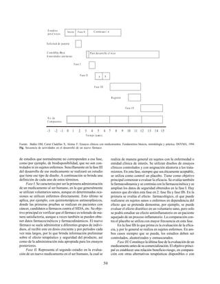 50
de estudios que normalmente no corresponden a esa fase,
como por ejemplo, de biodisponibilidad, que no son con-
trolados ni en sujetos enfermos. Sencillamente en la fase III
del desarrollo de ese medicamento se realizará un estudio
que tiene ese tipo de diseño. A continuación se brinda una
definición de cada uno de estos términos.
Fase I. Se caracteriza por ser la primera administración
de un medicamento al ser humano, en la que generalmente
se utilizan voluntarios sanos, aunque en determinadas oca-
siones se utilicen enfermos directamente. Esto último se
aplica, por ejemplo, con quimioterápicos antineoplásicos,
donde las primeras pruebas se realizan en pacientes con
cáncer, candidatos a fármacos contra el SIDA, etc. Su obje-
tivo principal es verificar que el fármaco es tolerado de ma-
nera satisfactoria, aunque a veces también se pueden obte-
ner datos farmacocinéticos y farmacodinámicos. El nuevo
fármaco se suele administrar a diferentes grupos de indivi-
duos, al recibir este en dosis creciente y por períodos cada
vez más largos, por lo que brinda información preliminar
sobre el efecto terapéutico y seguridad del producto, así
como de la administración más apropiada para los ensayos
posteriores.
Fase II. Representa el segundo estadio en la evalua-
ción de un nuevo medicamento en el ser humano, la cual se
realiza de manera general en sujetos con la enfermedad o
entidad clínica de interés. Se utilizan diseños de ensayos
clínicos controlados y con asignación aleatoria a los trata-
mientos. En esta fase, siempre que sea éticamente aceptable,
se utiliza como control un placebo. Tiene como objetivo
principal comenzar a evaluar la eficacia. Se evalúa también
la farmacodinamia y se continúa con la farmacocinética y se
amplían los datos de seguridad obtenidos en la fase I. Hay
autores que dividen esta fase en 2: fase IIa y fase IIb. En la
primera se evalúa el efecto farmacológico, el que puede
realizarse en sujetos sanos o enfermos en dependencia del
efecto que se pretenda demostrar, por ejemplo, se puede
evaluar el efecto diurético en un voluntario sano, pero solo
se podrá estudiar un efecto antiinflamatorio en un paciente
aquejado de un proceso inflamatorio. La comparación con-
tra el placebo se utiliza con mayor frecuencia en esta fase.
En la fase IIb lo que prima es la evaluación de la efica-
cia, y por lo general se realiza en sujetos enfermos. En am-
bos casos siempre que se pueda, los estudios deben ser
controlados, aleatorizados y enmascarados.
Fase III.Constituye la última fase de la evaluación de un
medicamentoantesdesucomercialización.Elobjetivoprinci-
pal es establecer una relación beneficio-riesgo, en compara-
ción con otras alternativas terapéuticas disponibles o con
Fuente: Bakke OM, Carné Cladellas X, Alonso F: Ensayos clínicos con medicamentos. Fundamentos básicos, metodología y práctica. DOYMA, 1994
Fig. Secuencia de actividades en el desarrollo de un nuevo fármaco.
E studios
pre cl n icos
Inicio Fase 0 C ontin uac i n
Solicitud de paten te
C om itØde Øtica
A utoridades san itarias
Pla n desarro llo cl nico
Fase I
Fase II
Fase III
R egistro
a b
Fase IV
N o. de
C om puestos
-3 -2 -1 0 1 2 3 4 5 6 7 8 9 10 11 12 13 14 15
Tie m po (a æos)
 