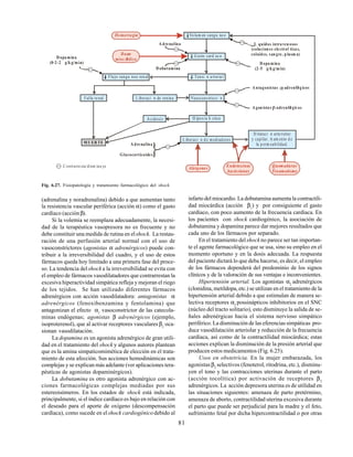 81
Fig. 6.27. Fisiopatología y tratamiento farmacológico del shock.
(adrenalina y noradrenalina) debido a que aumentan tanto
la resistencia vascular periférica (acción α) como el gasto
cardíaco (acciónβ).
Si la volemia se reemplaza adecuadamente, la necesi-
dad de la terapéutica vasopresora no es frecuente y no
debe constituir una medida de rutina en elshock. La restau-
ración de una perfusión arterial normal con el uso de
vasoconstrictores (agonistas α adrenérgicos) puede con-
tribuir a la irreversibilidad del cuadro, y el uso de estos
fármacos queda hoy limitado a una primera fase del proce-
so. La tendencia del shock a la irreversibilidad se evita con
el empleo de fármacos vasodilatadores que contrarrestan la
excesiva hiperactividad simpática refleja y mejoran el riego
de los tejidos. Se han utilizado diferentes fármacos
adrenérgicos con acción vasodilatadora: antagonistas α
adrenérgicos (fenoxibenzamina y fentolamina) que
antagonizan el efecto α1
vasoconstrictor de las catecola-
minas endógenas; agonistas β adrenérgicos (ejemplo,
isoproterenol), que al activar receptores vasculares β2
oca-
sionan vasodilatación.
La dopamina es un agonista adrenérgico de gran utili-
dad en el tratamiento del shock y algunos autores plantean
que es la amina simpaticomimética de elección en el trata-
miento de esta afección. Sus acciones hemodinámicas son
complejas y se explican más adelante (ver aplicaciones tera-
péuticas de agonistas dopaminérgicos).
La dobutamina es otro agonista adrenérgico con ac-
ciones farmacológicas complejas mediadas por sus
estereoisómeros. En los estados de shock está indicada,
principalmente, si el índice cardíaco es bajo en relación con
el deseado para el aporte de oxígeno (descompensación
cardíaca), como sucede en el shock cardiogénico debido al
Daæo
miocÆrdico
Vo lum en sangu ne o
G asto card ac o
Tensi n a rteria lFlujo sangu neo ren al
Vasoconstricci n
H ipoxia h stica
L iberaci n d e m ediadores
D ilataci n arte riolar
y capilar. A um ento d e
la p erm eabilidad.
Hemorragia
Alergenos Quemaduras
Traumatismo
Endotoxinas
bacterianas
D opa mina
(0 2-2 g/k g/min). D opa mina
(2-5 g/k g/min)
A drenalina
D obutamina
A drenalina
Glucocorticoides
L quidos intra ven osos
(solucion es electrol tica s,
coloides, san gre, p lasm a)
A ntagonistas -adrenØrg icos
A gon ista s -adrenØrgicos
Falla re nal L iberaci n de renina
A cidosis
M U ER TE
C ontrarre sta/dism inu ye
infarto del miocardio. La dobutamina aumenta la contractili-
dad miocárdica (acción β1
) y por consiguiente el gasto
cardíaco, con poco aumento de la frecuencia cardíaca. En
los pacientes con shock cardiogénico, la asociación de
dobutamina y dopamina parece dar mejores resultados que
cada uno de los fármacos por separado.
En el tratamiento delshockno parece ser tan importan-
te el agente farmacológico que se usa, sino su empleo en el
momento oportuno y en la dosis adecuada. La respuesta
del paciente dictará lo que deba hacerse, es decir, el empleo
de los fármacos dependerá del predominio de los signos
clínicos y de la valoración de sus ventajas e inconvenientes.
Hipertensión arterial. Los agonistas α2
adrenérgicos
(clonidina, metildopa, etc.) se utilizan en el tratamiento de la
hipertensión arterial debido a que estimulan de manera se-
lectiva receptores α2
possinápticos inhibitorios en el SNC
(núcleo del tracto solitario), esto disminuye la salida de se-
ñales adrenérgicas hacia el sistema nervioso simpático
periférico. La disminución de las eferencias simpáticas pro-
duce vasodilatación arteriolar y reducción de la frecuencia
cardíaca, así como de la contractilidad miocárdica; estas
acciones explican la disminución de la presión arterial que
producen estos medicamentos (Fig. 6.25).
Usos en obstetricia. En la mujer embarazada, los
agonistas β2
selectivos (fenoterol, ritodrina, etc.), disminu-
yen el tono y las contracciones uterinas durante el parto
(acción tocolítica) por activación de receptores β2
adrenérgicos. La acción depresora uterina es de utilidad en
las situaciones siguientes: amenaza de parto pretérmino,
amenaza de aborto, contractilidad uterina excesiva durante
el parto que puede ser perjudicial para la madre y el feto,
sufrimiento fetal por dicha hipercontractilidad o por otras
 
