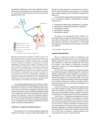 87
Interneurona
N eurona
pre gan glio nar
N eurona
posganglionar
AC
AC P P ET
P P EI
P PI
R ecepto r nicot nico Nn
R ecepto r m uscar nico M
R ecepto r m uscar nico M
R ecepto r para catecola m in as
Ac etilcolina
C atecolam inas (n oradrenalina o dop am ina)
1
2
C :
A C:
C
M 1
N n
C
M 2
C
M 1
N n
M 2
Fig. 6.34. Neurotransmisión ganglionar. El impulso nervioso en la
neurona preganglionar provoca liberación de acetilcolina, este
neurotransmisor estimula receptores nicotínicos Nn (vía principal
de la neurotransmisión) y receptores muscarínicos M1
(vía secunda-
ria de la transmisión), localizados en la membrana de la neurona
posganglionar. La activación de los receptores Nn da lugar a la gene-
ración del potencial possináptico excitatorio inicial (PPEI) y la
activación de los receptores M1
a la generación del potencial
possináptico excitatorio tardío (PPET). La AC liberada en la termi-
nación preganglionar puede también activar receptores muscarínicos
M2
, localizados en interneuronas que contienen catecolaminas, lo
cual estimula la liberación de noradrenalina o dopamina. La
catecolamina liberada por la interneurona produce hiperpolarización
(potencial possináptico inhibidor-PPI-) de la neurona posganglionar
al interactuar con receptores para catecolaminas, y deprime la trans-
misión ganglionar (vía moduladora de la neurotransmisión).
Los receptores dopaminérgicos del estómago, al pare-
cer, median la inhibición de la motilidad gástrica que se pro-
duce durante la náusea y el vómito, además pueden consti-
tuir un sitio de acción de los antagonistas antieméticos del
receptor de dopamina. Estos receptores participan también
en los reflejos que culminan en la relajación de la porción
superior del estómago y retraso del vaciamiento gástrico
por efecto de la distensión gástrica causada por los alimen-
tos, lo cual constituye la base para el empleo de antagonis-
tas de la dopamina como agentes procinéticos (ver trata-
miento de la hipomotilidad gástrica).
Agonistasyantagonistasdopaminérgicos
En la práctica no se encuentran agonistas plenamente
selectivos de un tipo u otro de receptor dopaminérgico, no
obstante, la propia dopamina, la apomorfina y los deriva-
dos del ergot (ergotamina, bromocriptina, etc.) presentan
mayor potencia agonista sobre la familia de receptores D2
(tabla 6.4).
Los principales antagonistas dopaminérgicos pertene-
cen a los grupos de fármacos denominados en conjunto
antipsicóticos:
1. Fenotiazinas:clorpromazina,trifluoperazina, tioridazina.
2. Butirofenonas: haloperidol, droperidol, espiperona.
3. Tioxantenos: tiotixeno.
4. Dibenzepinas: clozapina.
5. Benzamidas: sulpirida.
El grupo de las benzamidas incluye también a la
metoclopramida, un antagonista dopaminérgico que no pre-
senta efectos antipsicóticos, pero tiene gran utilidad clínica
como fármaco antiemético y procinético. La selectividad
del antagonismo de algunos de estos fármacos se muestra
en la tabla 6.4.
APLICACIONES TERAPÉUTICAS
Agonistas dopaminérgicos
Shock e insuficiencia cardíaca. La dopamina es de
gran utilidad en el tratamiento del shock y la insuficiencia
cardíaca congestiva grave, sus acciones hemodinámicas
son complejas y se encuentran mediadas por varios tipos
de receptores. Este fármaco se administra en infusión
endovenosa continua y sus efectos dependen de la dosis
utilizada(Fig.6.27).
En dosis bajas (0,2-2 µg/kg/min), la dopamina estimula
principalmente receptores dopaminérgicos D1
vasculares y
produce vasodilatación renal, mesentérica y coronaria; la
vasodilatación renal aumenta el flujo sanguíneo renal, la
filtración glomerular y la excreción de sodio. Estas dosis
son las que se utilizan para inducir la diuresis (por ejemplo,
en los estados de bajo gasto cardíaco asociados con dete-
rioro de la función renal, como en elshock cardiogénico y el
shock hipovolémico).
En dosis intermedia(2-5 µg/kg/min), la dopamina ejer-
ce un efecto inotrópico positivo sobre el miocardio, al esti-
mular los receptores β1
cardíacos; el resultado es un au-
mento de la contractilidad y del gasto cardíaco. Estas dosis
son utilizadas en el tratamiento de la insuficiencia cardíaca.
Endosis altas(>10 µg/kg/min), la dopamina activa tam-
bién los receptores vasculares α1
adrenérgicos, y produce
vasoconstricción; el resultado es un aumento de la resis-
tencia vascular periférica y de la presión arterial. Estas do-
sis son las que se utilizan en pacientes con hipotensión y
shock que amenaza la vida, pero en estos casos la adminis-
tración de dopamina irá siempre precedida de una reposi-
ción adecuada de la volemia, de lo contrario el gasto cardía-
co y el flujo renal no aumentan, y pudiera producirse una
vasoconstricción excesiva y necrosis hística.
possináptico inhibitorio) y, por lo tanto, deprimen la trans-
misión a través del ganglio. La activación de estos recepto-
res constituye unavía moduladora de la neurotransmisión
ganglionar (Fig. 6.34).
 