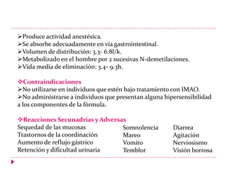 Produce actividad anestésica.
Se absorbe adecuadamente en vía gastrointestinal.
Volumen de distribución: 3.3- 6.8l/k.
Metabolizado en el hombre por 2 sucesivas N-demetilaciones.
Vida media de eliminación: 3.4- 9.3h.
Contraindicaciones
No utilizarse en individuos que estén bajo tratamiento con IMAO.
No administrarse a individuos que presentan alguna hipersensibilidad
a los componentes de la fórmula.
Reacciones Secunadrias y Adversas
Sequedad de las mucosas
Somnolencia
Trastornos de la coordinación
Mareo
Aumento de reflujo gástrico
Vomito
Retención y dificultad urinaria
Temblor

Diarrea
Agitación
Nerviosismo
Visión borrosa

 