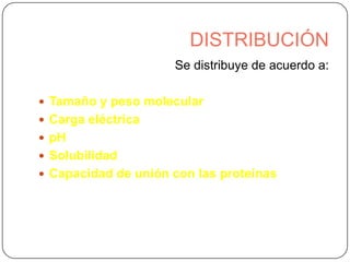 DISTRIBUCIÓN
Se distribuye de acuerdo a:
 Tamaño y peso molecular
 Carga eléctrica
 pH

 Solubilidad
 Capacidad de unión con las proteínas

 