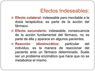 Efectos Indeseables:
 Efecto colateral: indeseable pero inevitable a la

dosis terapéutica; es parte de la acción del
fármaco.
 Efecto secundario: indeseable, consecuencia
de la acción fundamental del fármaco, no es
parte de ella y aparece en algunos pacientes.
 Reacción
idiosincrática:
particular
del
individuo, es la manera de reaccionar del
paciente ante un fármaco determinado. Suele
ser un problema enzimático que hace que no se
metabolice el mismo.

 