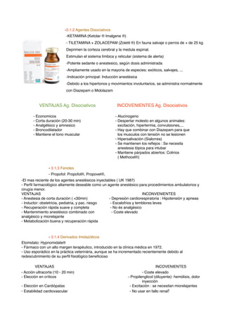 -3.1.2 Agentes Disociativos
-KETAMINA (Ketolar ® Imalgene ®)
- TILETAMINA + ZOLACEPAM (Zoletil ®) En fauna salvaje o perros de + de 25 kg
Deprimen la corteza cerebral y la medula espinal.
Estimulan el sistema límbica y reticular (sistema de alerta)
-Potente sedante o anestesico, según dosis administrada
-Ampliamente usado en la mayoria de especies: exóticos, salvajes, ...
-Indicación principal: Inducción anestésica
-Debido a los hipertonos y movimientos involuntarios, se administra normalmente
con Diazepam o Midolazam
- 3.1.3 Fenoles
- Propofol: Propofol®, Propovet®,
-El mas reciente de los agentes anestésicos inyectables ( UK 1987)
- Perﬁl farmacológico altamente deseable como un agente anestésico para procedimientos ambulatorios y
cirugía menor.
VENTAJAS ! ! ! ! ! ! ! ! INCONVENIENTES
- Anestesia de corta duración ( <30min) ! - Depresión cardiorespiratoria : Hipotensión y apneas
- Inductor: obstetricia, pediatria, y pac. riesgo! - Escalofrios y temblores leves
- Recuperación rápida suave y completa ! - No és analgésico
- Mantenimiento anestésico combinado con ! - Coste elevado
analgésico y miorelajante
- Metabolización buena y recuperación rápida
- 3.1.4 Derivados Imidazólicos
Etomidato: Hypnomidate®
- Fármaco con un alto margen terapéutico, introducido en la clínica médica en 1972.
- Uso esporádico en la práctica veterinária, aunque se ha incrementado recientemente debido al
redescubrimiento de su perﬁl ﬁsiológico beneﬁcioso
! VENTAJAS ! ! ! ! ! ! ! ! INCOVENIENTES
- Acción ultracorta (10 - 20 min) ! ! ! ! ! - Coste elevado
- Elección en críticos ! ! ! ! - Propilenglicol (diluyente): hemólisis, dolor
! ! ! ! ! ! ! ! ! inyección
- Elección en Cardiópatas ! ! ! ! ! - Excitación : se necesitan miorelajantes
- Estabilidad cardiovascular - No usar en fallo renal!
VENTAJAS Ag. Disociativos! ! INCOVENIENTES Ag. Disociativos
- Economicos
- Corta duración (20-30 min)
- Analgélsico y amnesico
- Broncodilatador
- Mantiene el tono muscular
- Alucinogeno
- Despertar molesto en algunos animales:
excitación, hipertermia, convulsiones,...
- Hay que combinar con Diazepam para que
los musculos con tensión no se lesionen
- Hipersalivación (Sialorrea)
- Se mantienen los reﬂejos : Se necesita
anestesia tópica para intubar
- Mantiene párpados abiertos: Colirios
( Methocel®)
 