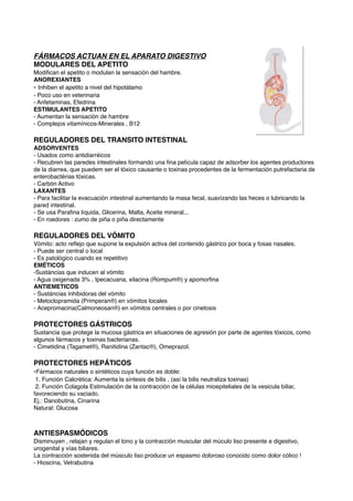 FÁRMACOS ACTUAN EN EL APARATO DIGESTIVO
MODULARES DEL APETITO
Modiﬁcan el apetito o modulan la sensación del hambre.
ANOREXIANTES
- Inhiben el apetito a nivel del hipotálamo
- Poco uso en veterinaria
- Anfetaminas, Efedrina
ESTIMULANTES APETITO
- Aumentan la sensación de hambre
- Complejos vitamínicos-Minerales , B12
REGULADORES DEL TRANSITO INTESTINAL
ADSORVENTES
- Usados como antidiarréicos
- Recubren las paredes intestinales formando una ﬁna película capaz de adsorber los agentes productores
de la diarrea, que puedem ser el tóxico causante o toxinas procedentes de la fermentación putrefactaria de
enterobactérias tóxicas.
- Carbón Activo
LAXANTES
- Para facilitar la evacuación intestinal aumentando la masa fecal, suavizando las heces o lubricando la
pared intestinal.
- Se usa Paraﬁna líquida, Glicerina, Malta, Aceite mineral...
- En roedores : zumo de piña o piña directamente
REGULADORES DEL VÓMITO
Vómito: acto reﬂejo que supone la expulsión activa del contenido gástrico por boca y fosas nasales.
- Puede ser central o local
- Es patológico cuando es repetitivo
EMÉTICOS
-Sustáncias que inducen al vómito
- Agua oxigenada 3% , Ipecacuana, xilacina (Rompum®) y apomorﬁna
ANTIEMETICOS
- Sustáncias inhibidoras del vómito
- Metoclopramida (Primperan®) en vómitos locales
- Acepromacina(Calmoneosan®) en vómitos centrales o por cinetosis
PROTECTORES GÁSTRICOS
Sustancia que protege la mucosa gástrica en situaciones de agresión por parte de agentes tóxicos, como
algunos fármacos y toxinas bacterianas.
- Cimetidina (Tagamet®), Ranitidina (Zantac®), Omeprazol.
PROTECTORES HEPÁTICOS
-Fármacos naturales o sintéticos cuya función es doble:
1. Función Calcrética: Aumenta la síntesis de bilis , (así la bilis neutraliza toxinas)
2. Función Colagola Estimulación de la contracción de la células mioepiteliales de la vesicula biliar,
favoreciendo su vaciado.
Ej.: Danobutina, Cinarina
Natural: Glucosa
ANTIESPASMÓDICOS
Disminuyen , relajan y regulan el tono y la contracción muscular del múculo liso presente e digestivo,
urogenital y vías biliares.
La contracción sostenida del músculo liso produce un espasmo doloroso conocido como dolor cólico !
- Hioscina, Vetrabutina
 