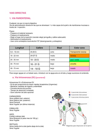 Longitud Calibre Bisel Color cono
9,5 - 16 mm 25-26 G corto Transparente naranja
16 - 22 mm 24-27 G medio naranja
25 - 35 mm 19 - 23 G medio azul / verde
35 - 75 mm 16 - 21 G largo amarillo
40 - 75 mm 14 - 10 G largo rosado
VIAS DIRECTAS
1. VIA PARENTERAL
Cualquier via que no sea la digestiva
Via de administración directa en las que se atraviesan 1 o más capas de la piel o de membranas mucosas a
través de 1 inyección.
Pasos:
- Preparar el material necesario
- Preparar el medicamento
- Elegir el lugar de la inyección (recodar elegir jeringuilla y calibre adecuado)
- Administrar el medicamento
- Usar como antiséptico local alcohol 70º (desengrasante y antiseptico)
Para cargar agujas en un boteal vacio, introducir con la aguja aire en el bote y luego succionar el contenido.
a. Via Intravenosa (IV) (parenteral)
Intravenosa IV o Endovenosa EV
- Es la que proporciona la mayor rápidez terapéutica (Urgencias)
- Mantener medidas de higiene y esterilidad
- Correcta técnica de punción
- Tiempo de absorción inmediato
- Gran volumen de bolo opcional
CARNIVOROS:
Vena cefálica (ext. anterior)
Vena Safena (ext. posterior)
Vena Femoral
Vena Yugular (en última instancia)
CABALLOS:
Vena Yugular
AVES:
Cubital cutánea (ala)
Vena Braquial (si pesa mas de 100 gr.)
Vena Yugular
REPTILES:
Venia media de la cola (parte abajo de la cola)
Vena Yugular
 