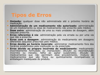 Tipos de Erros
● Omissão: qualquer dose não administrada até o próximo horário de
medicação.
● Administração de um medicamento não autorizado: administração
de um medicamento ou dose de medicamento não prescrito pelo médico.
● Dose extra: administração de uma ou mais unidades de dosagem, além
daquela prescrita.
● Erros referentes à via: administração pela via errada ou por uma via
que não a prescrita.
● Erros com a dosagem: administração do medicamento em dosagens
diferentes daquelas prescritas pelo médico.
● Erros devido ao horário incorreto: administrar medicamento fora dos
horários predefinidos pela instituição ou da prescrição.
● Erros devido ao preparo incorreto do medicamento: medicamento
incorretamente formulado ou manipulado: diluição ou reconstituição
incorreta ou inexata; falha ao agitar suspensões; diluição de
medicamentos que não permitam esse procedimento, mistura de
medicamentos que são física ou quimicamente incompatíveis e
embalagem inadequada do produto.
 