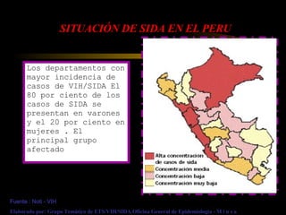 SITUACIÓN DE SIDA EN EL PERU Los departamentos con mayor incidencia de casos de VIH/SIDA El 80 por ciento de los casos de SIDA se presentan en varones y el 20 por ciento en mujeres . El principal grupo afectado   Fuente : Noti - VIH Elaborado por: Grupo Temático de ETS/VIH/SIDA.Oficina General de Epidemiología - M i n s a  