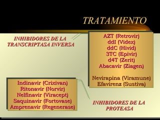 TRATAMIENTO AZT (Retrovir) ddI (Videx) ddC (Hivid) 3TC (Epivir) d4T (Zerit) Abacavir (Ziagen) Nevirapina (Viramune) Efavirenz (Sustiva) Indinavir (Crixivan) Ritonavir (Norvir) Nelfinavir (Viracept) Saquinavir (Fortovase) Amprenavir (Regenerase) INHIBIDORES DE LA  PROTEASA INHIBIDORES DE LA  TRANSCRIPTASA INVERSA 