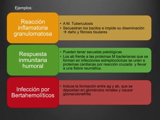 Ejemplos:

Reacción
inflamatoria
granulomatosa

Respuesta
inmunitaria
humoral

Infección por
Bertahemolíticos

• A M. Tuberculosis
• Secuestran los bacilos e impide su diseminación
 daño y fibrosis tisulares

• Pueden tener secuelas patológicas
• Los ab frente a las proteínas M bacterianas que se
forman en infecciones estreptocócicas se unen a
proteínas cardiacas por reacción cruzada y llevar
a una fiebre reumática.

• Induce la formación entre ag y ab, que se
depositan en glomérulos renales y causar
glomerulonefritis

 