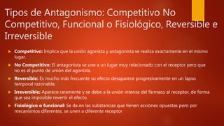 Tipos de Antagonismo: Competitivo No
Competitivo, Funcional o Fisiológico, Reversible e
Irreversible
 Competitivo: Implica que la unión agonista y antagonista se realiza exactamente en el mismo
lugar.
 No Competitivo: El antagonista se une a un lugar muy relacionado con el receptor pero que
no es el punto de unión del agonista.
 Reversible: Es mucho más frecuente su efecto desaparece progresivamente en un lapso
temporal razonable.
 Irreversible: Aparece raramente y se debe a la unión intensa del fármaco al receptor, de forma
que sea imposible revertir el efecto.
 Fisiológico o funcional: Se da en las substancias que tienen acciones opuestas pero por
mecanismos diferentes, se unen a diferente receptor
 