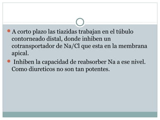 A corto plazo las tiazidas trabajan en el túbulo
contorneado distal, donde inhiben un
cotransportador de Na/Cl que esta en la membrana
apical.
 Inhiben la capacidad de reabsorber Na a ese nivel.
Como diureticos no son tan potentes.
 