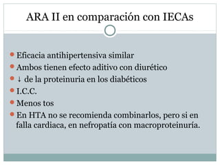 ARA II en comparación con IECAs
Eficacia antihipertensiva similar
Ambos tienen efecto aditivo con diurético
↓ de la proteinuria en los diabéticos
I.C.C.
Menos tos
En HTA no se recomienda combinarlos, pero si en
falla cardiaca, en nefropatía con macroproteinuría.
 